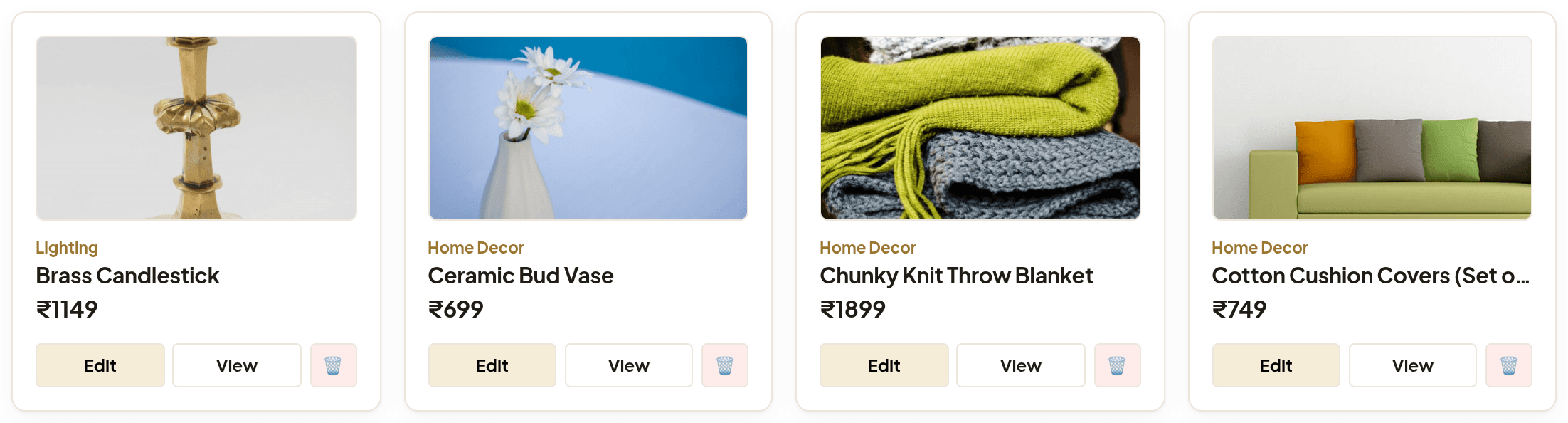 Inventory grid with product photos, categories, prices and edit and view buttons