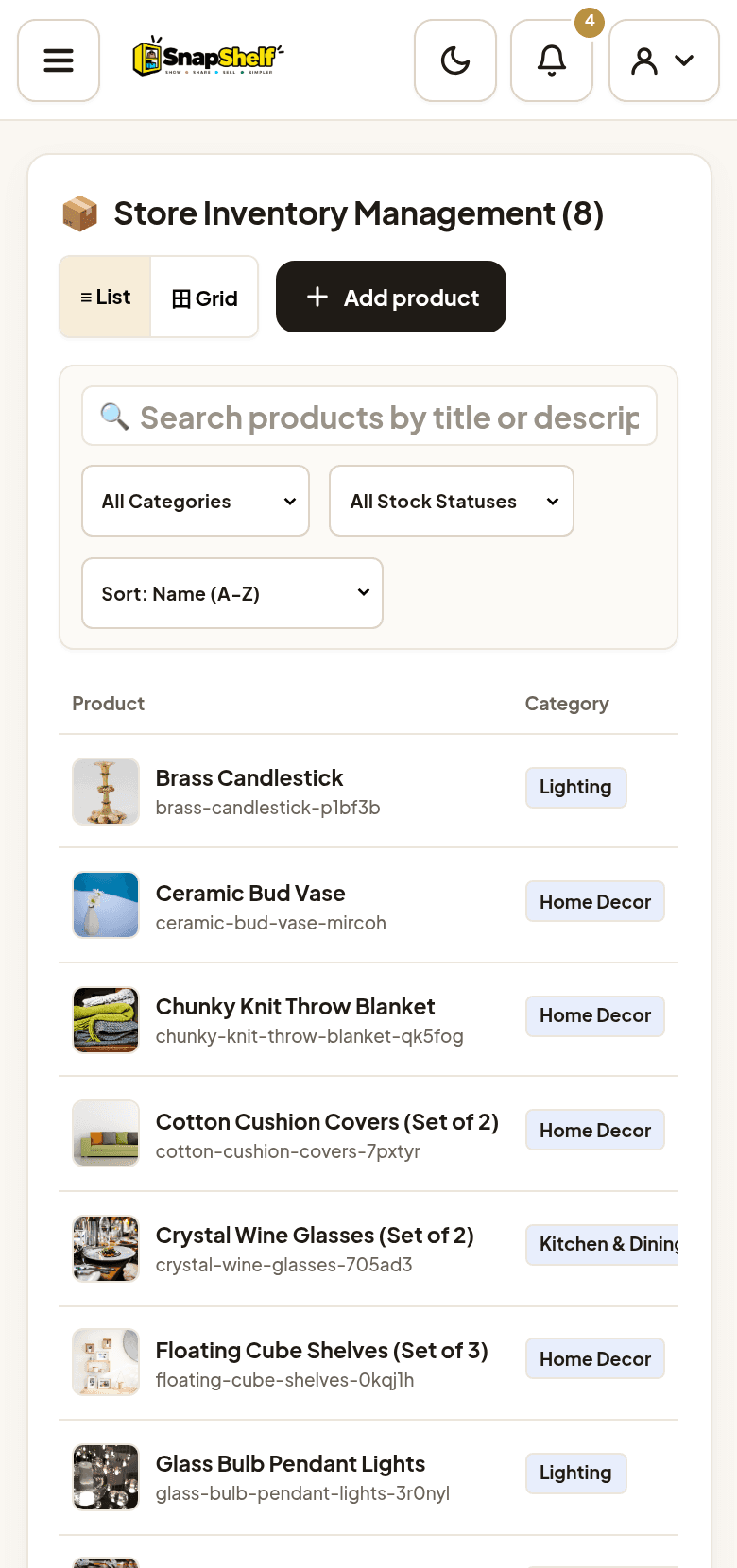 SnapShelf inventory screen on a phone