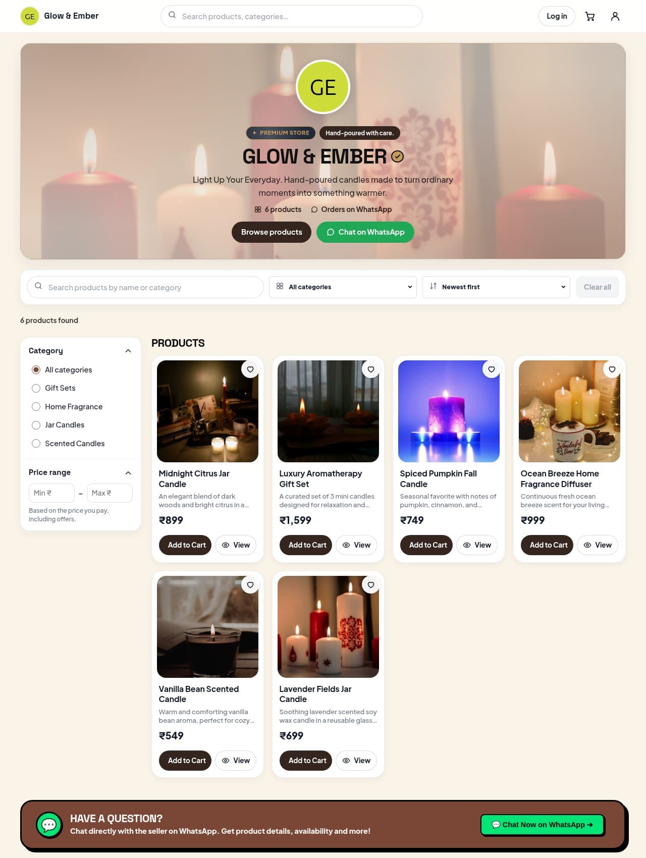 Glow & Ember demo storefront with a branded hero banner and product grid