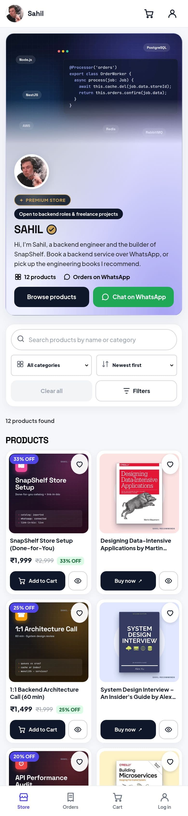 Sahil demo storefront on a phone, with products and a WhatsApp chat button